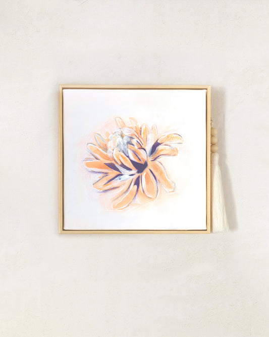 Ginger flower painted in peachy tones. Natural wood frame and tassel with beads on a white wall.