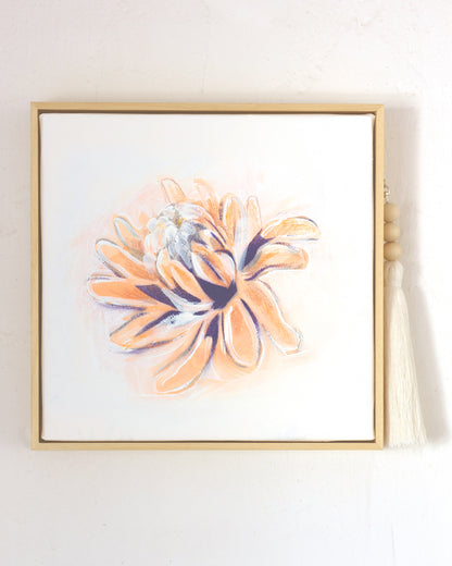 This artwork is a soft and expressive floral painting, capturing the delicate beauty of a blooming ginger flower with warm, earthy tones. The petals, painted in gentle shades of peach, amber, and white, are accentuated with subtle strokes of deep indigo, adding depth and contrast to the composition. The artist’s loose, flowing brushwork gives the piece an airy, organic feel, evoking the natural grace of the flower in full bloom.

Set against a minimalist white background, the painting allows the floral subj