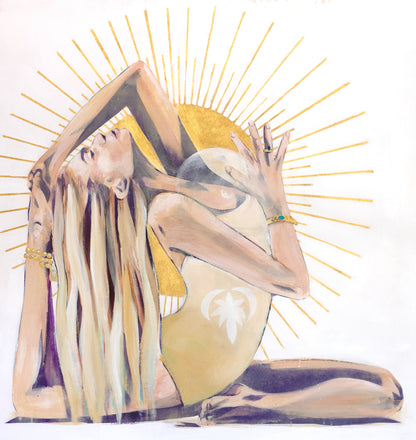 A heart opening yoga pose with light radiating out from the figure. The sun sits behind her.