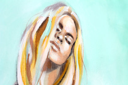 close up of painting La Luna by Hannah Adamaszek. A bohemian woman face with blond hair.