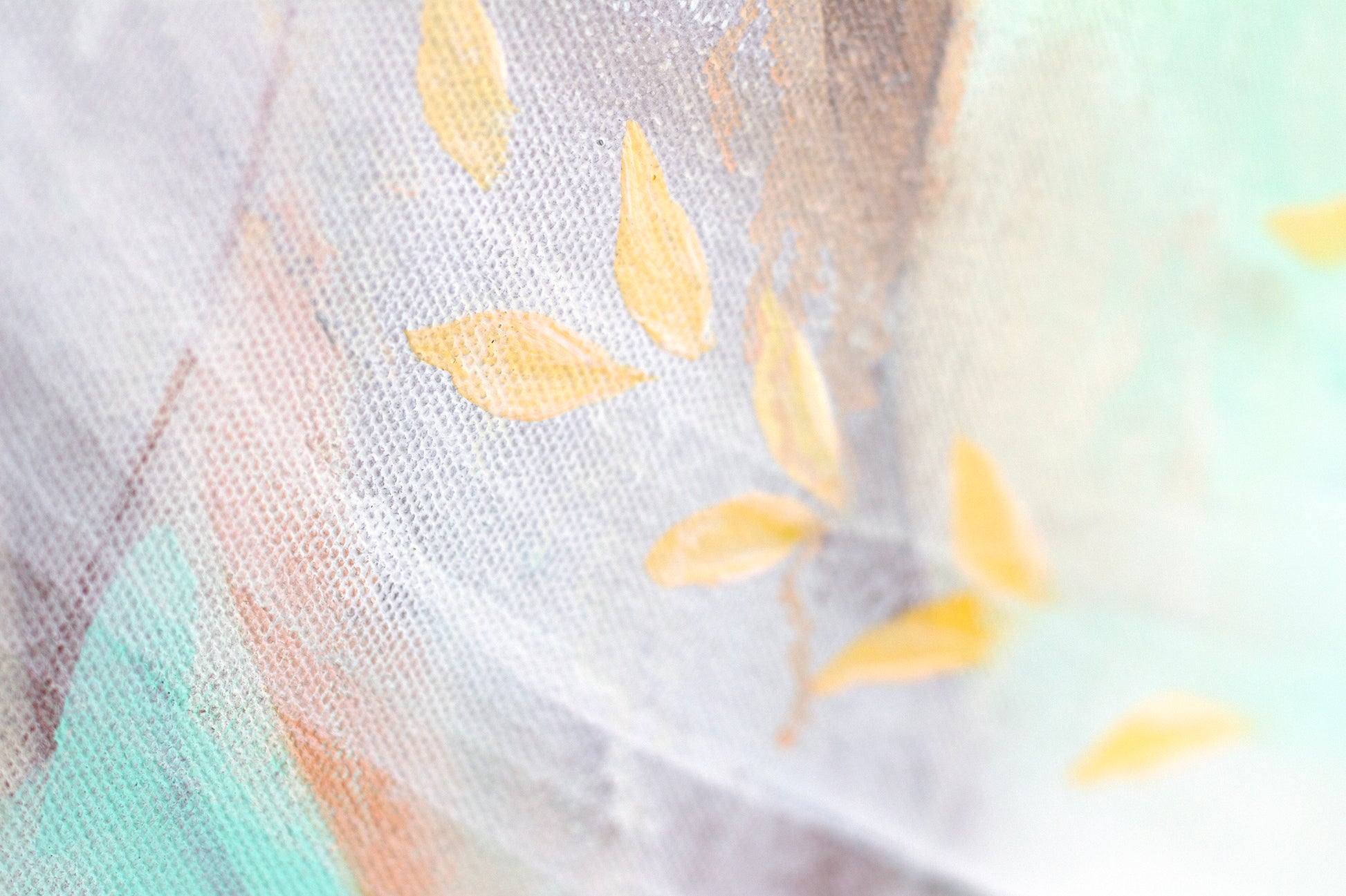 Close up of the La Luna painting by Hannah Adamaszek. Petals and leaves softly grow across the canvas.