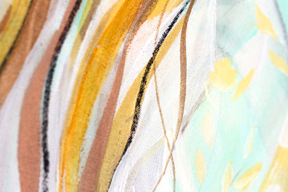 Close up detail of the La Luna painting by Hannah Adamaszek. Flowing brushstrokes of the hair in yellows and ochre.