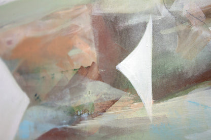 Close-up detail of Mediterranean Musing, a painting by Hannah Adamaszek, capturing the abstract water shapes. Soft earthy pastel tones.