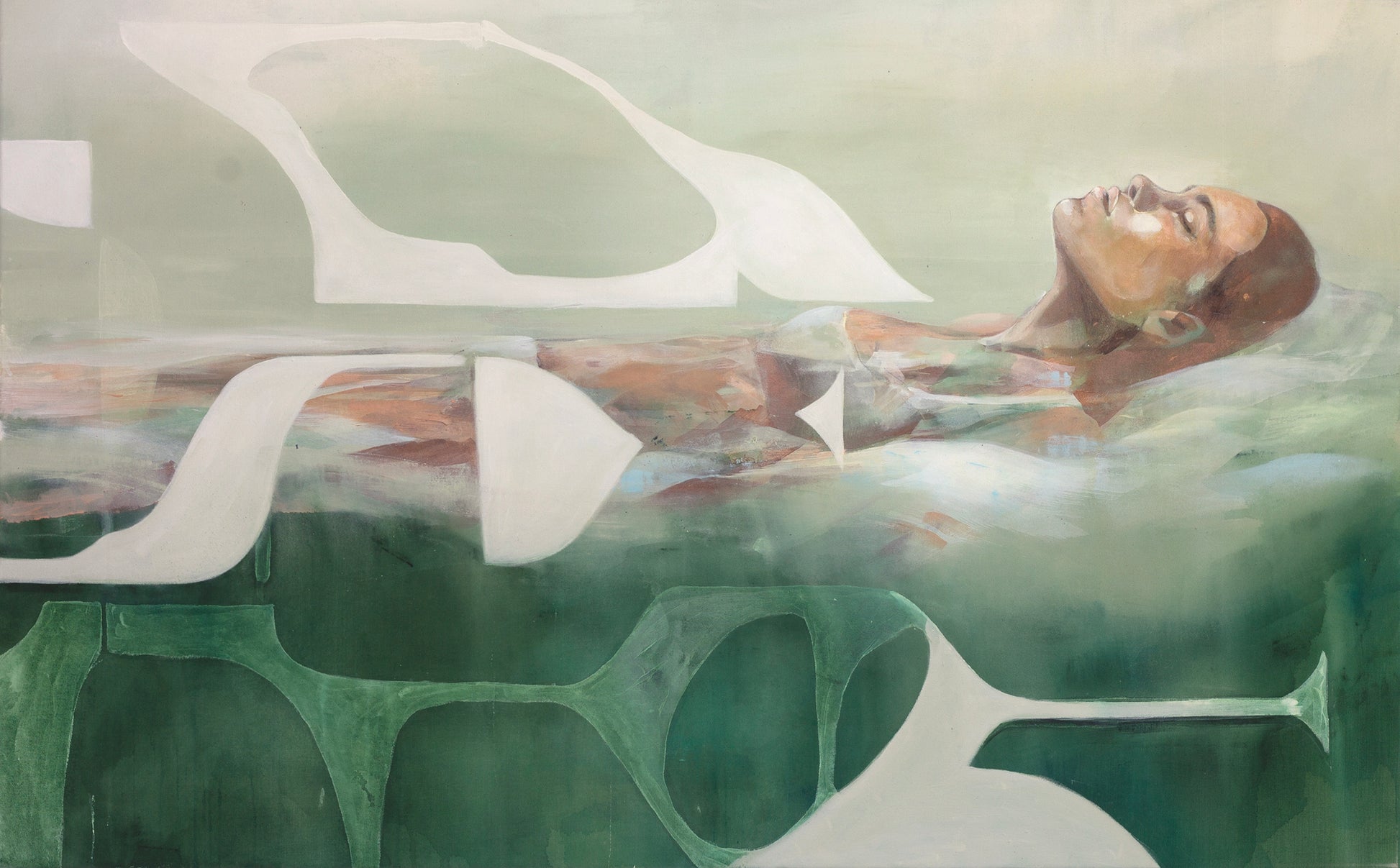 Abstract figurative painting titled Mediterranean Musing by Hannah Adamaszek, featuring a serene woman floating in water, surrounded by soft, flowing organic shapes in green and earthy tones. The composition blends realism with abstraction, evoking tranquility, nature, and a dreamlike atmosphere.