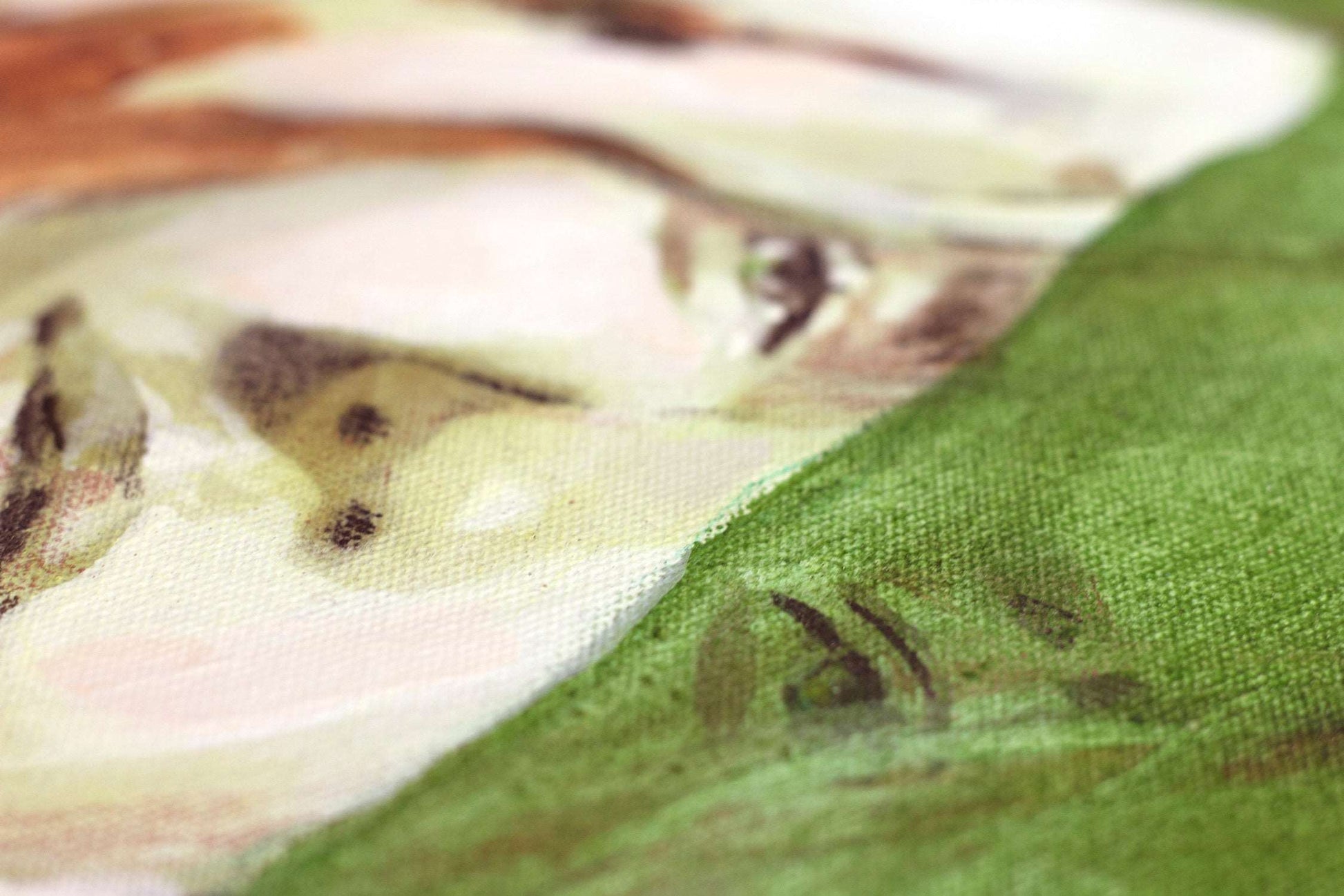 Close up art detail of painting Nourish by Hannah Adamaszek. Canvas texture can be seen and a green shadow hue.