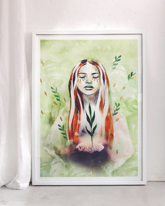 Framed print in green of a girl holding a plant.