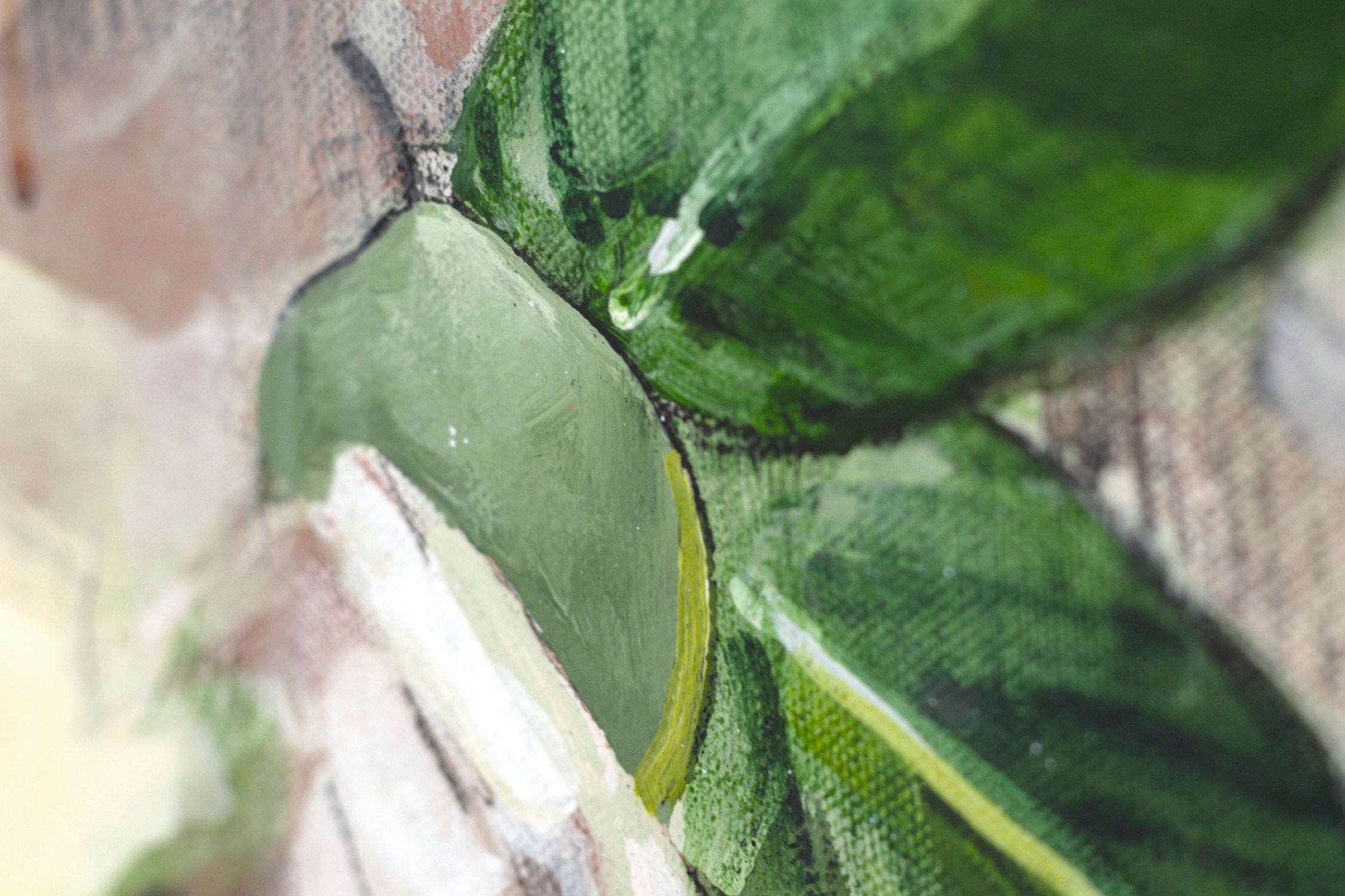 Close up detail of a green fruit on painting Raw by Hannah Adamaszek.