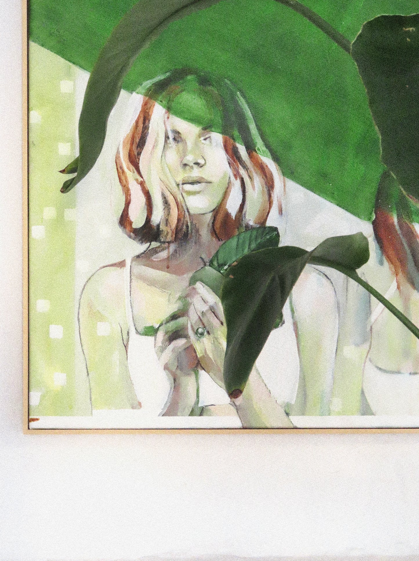 A contemporary abstract painting featuring two women intertwined with nature. One holds leaves close to her chest, gazing forward, while the other walks away, blending into lush green hues. The artwork evokes themes of self-discovery, balance, and harmony with the earth. Leaves come into the scene like a tranquil home.