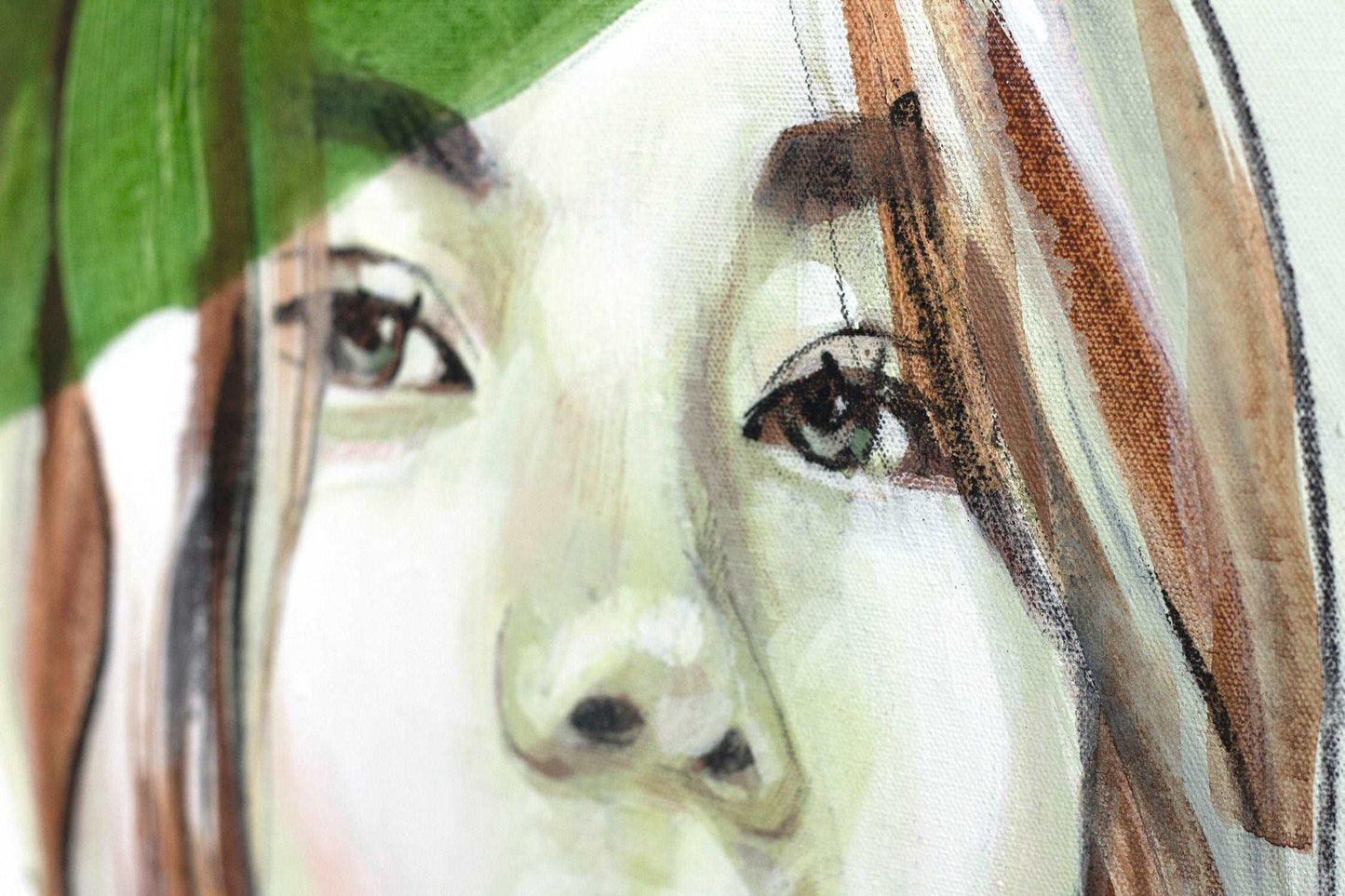 close up of painting Soothe by Hannah Adamaszek. A look into the eyes and soul of the painting in a green hue.