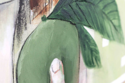 Close up detail of painting Soothe by Hannah Adamaszek. Close up detail is of a mango and its leaf.