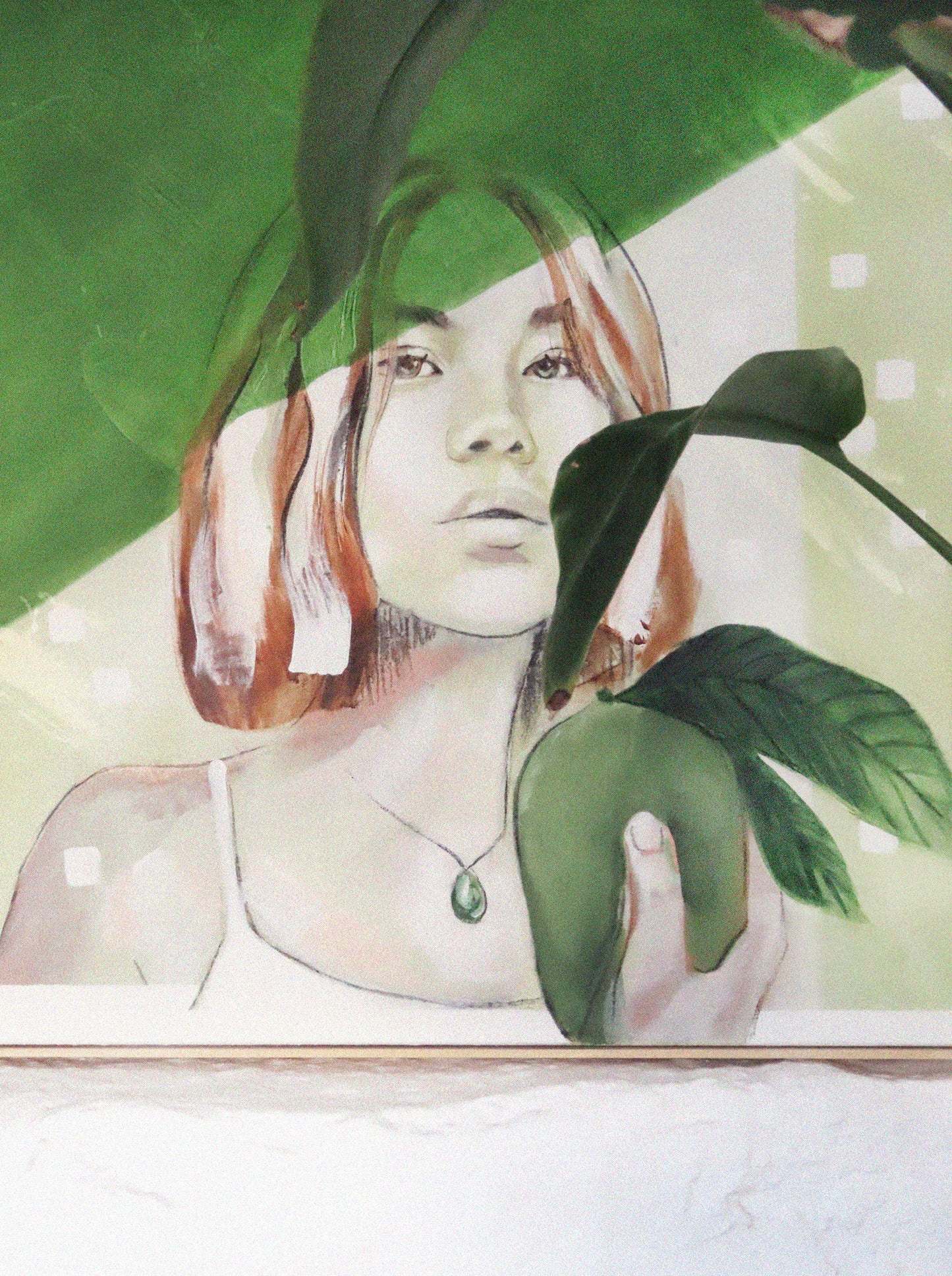 A contemporary abstract portrait of a woman holding a green fruit with leaves, painted in earthy green and warm tones. Her face is softly illuminated, with a serene expression and flowing, highlighted hair. Geometric shapes and brushstrokes blend into the background, creating a dreamlike, nature-inspired composition. The artwork conveys themes of sustainability, mindfulness, and harmony with the earth.