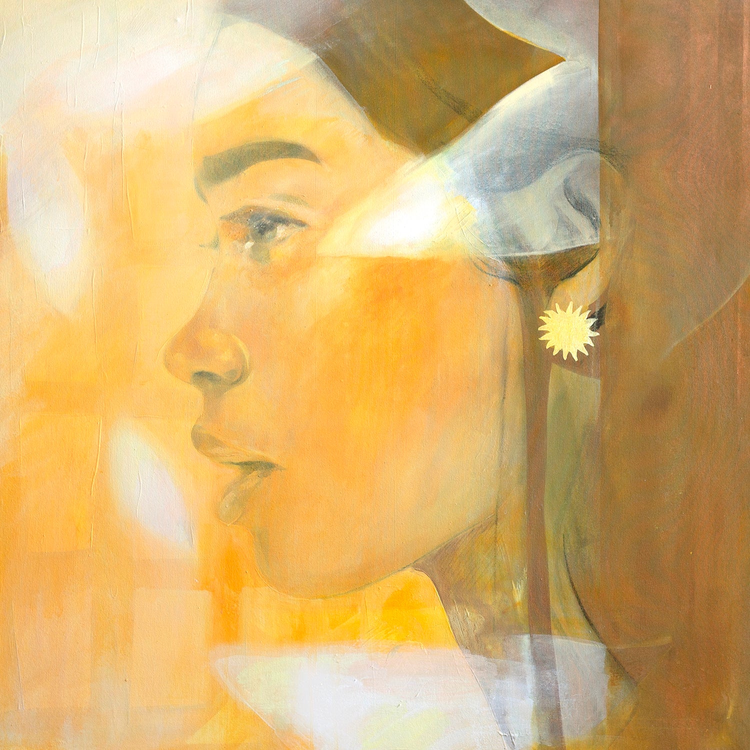 Full frontal painting view of a portrait of a beautiful bohemian woman with a sun earring and shadows on her face.