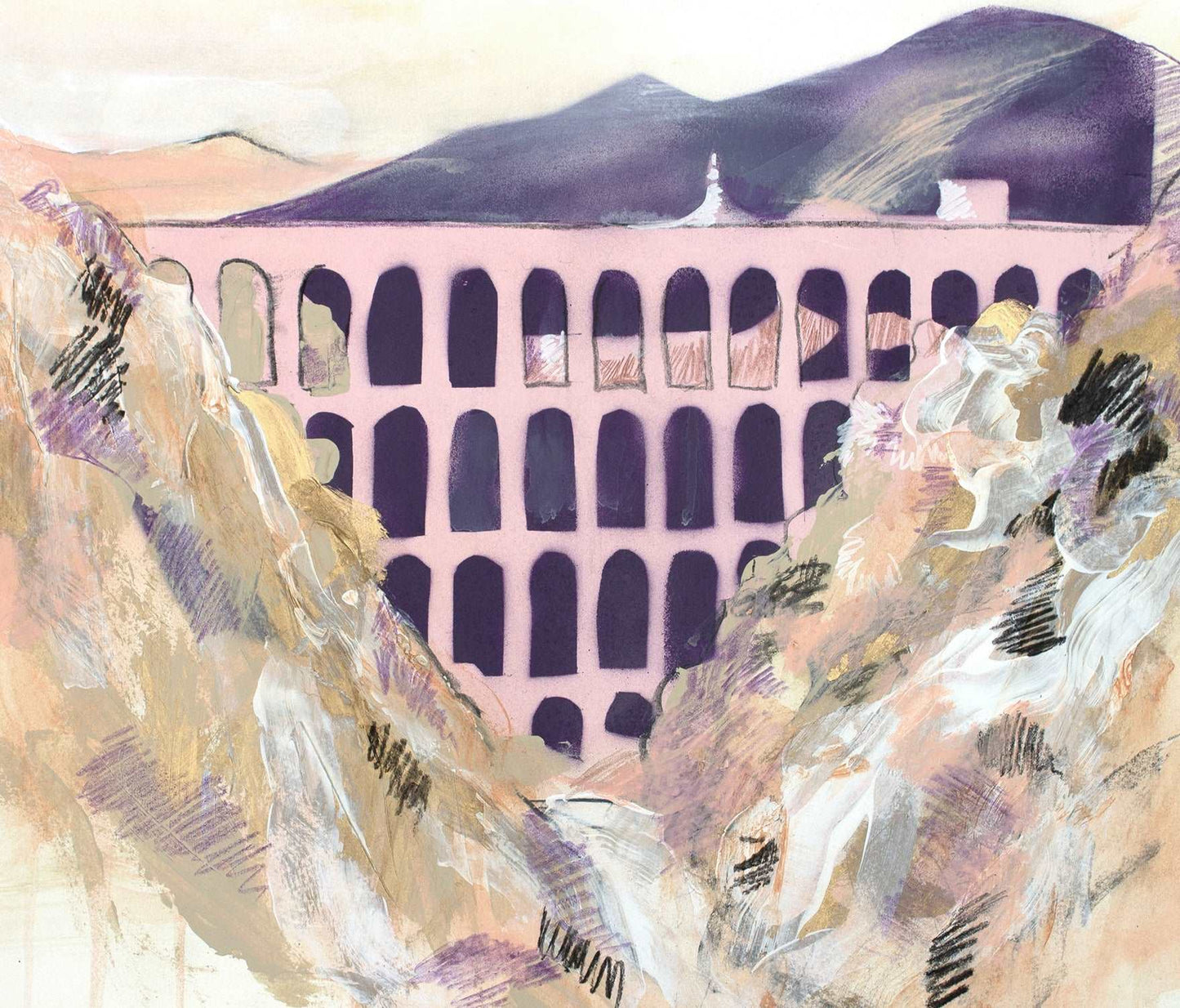 The wild rolling hills frame the arches of the Nerva aqueduct. Painted in an impressionist style in soft pastel colours.