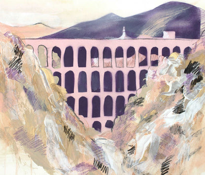 The wild rolling hills frame the arches of the Nerva aqueduct. Painted in an impressionist style in soft pastel colours.