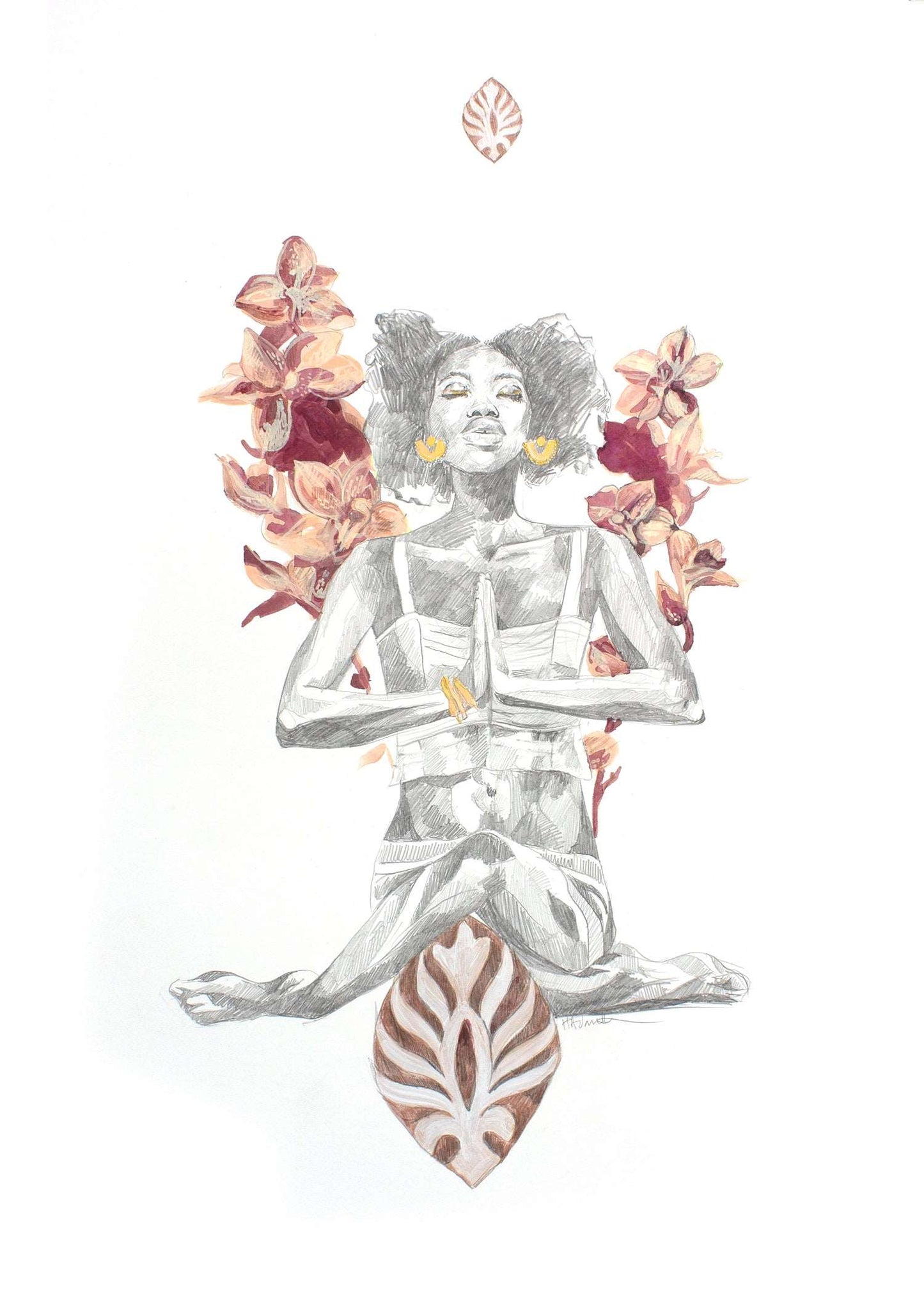 Drawing in pencil of a woman in lotus pose with orchids symbolising growth and renewal.