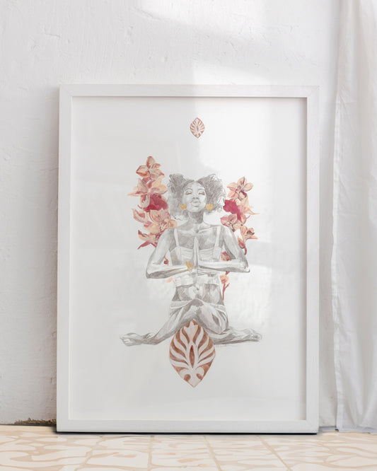 Orchids bloom from a woman in lotus pose. A meditative drawing full of peace and serenity.