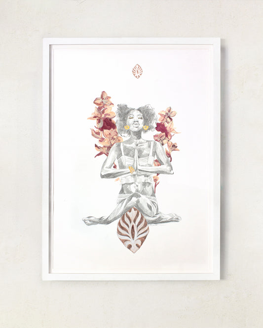 Drawing of a woman meditating with orchids growing from her. Gold details. In a white frame on a white wall.