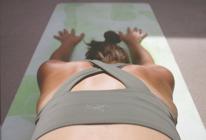 Algae Forest eco yoga mat by Hannah Chloe — natural rubber base and non-slip vegan suede surface, green forest-inspired design ready for practice