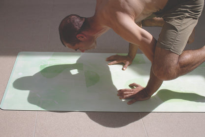 Algae Forest eco yoga mat by Hannah Chloe shown with Crow Pose — natural rubber base and non-slip vegan suede surface for hot yoga.