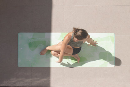 Algae Forest eco yoga mat by Hannah Chloe — natural rubber base and non-slip vegan suede surface, green forest-inspired design ready for practice.