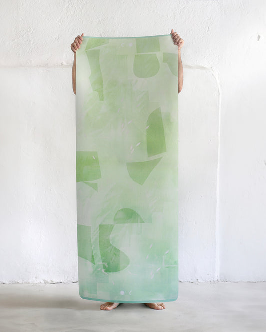 Algae Forest eco yoga mat full-view flat lay — natural rubber base and non-slip vegan suede surface, green forest-inspired design by Hannah Adamaszek