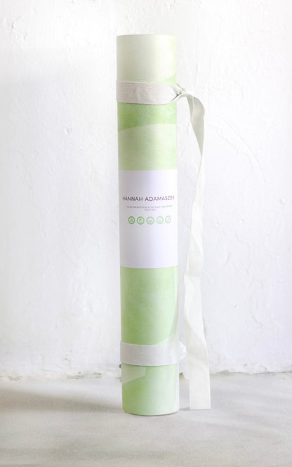 Algae Forest eco yoga mat with cotton carry strap — natural rubber base and non-slip vegan suede surface, design by Hannah Chloe.