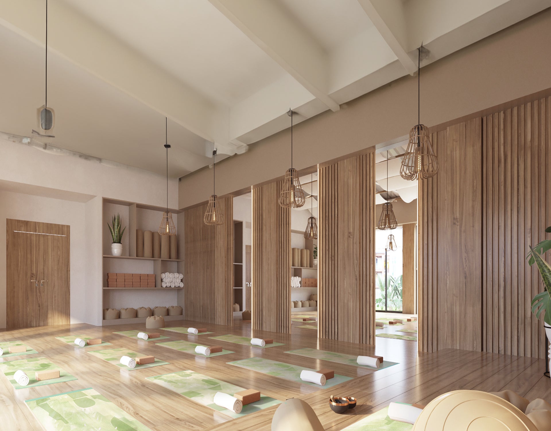 Algae Forest eco yoga mats by Hannah Chloe displayed in a yoga studio — natural rubber base and non-slip vegan suede surface for mindful movement.