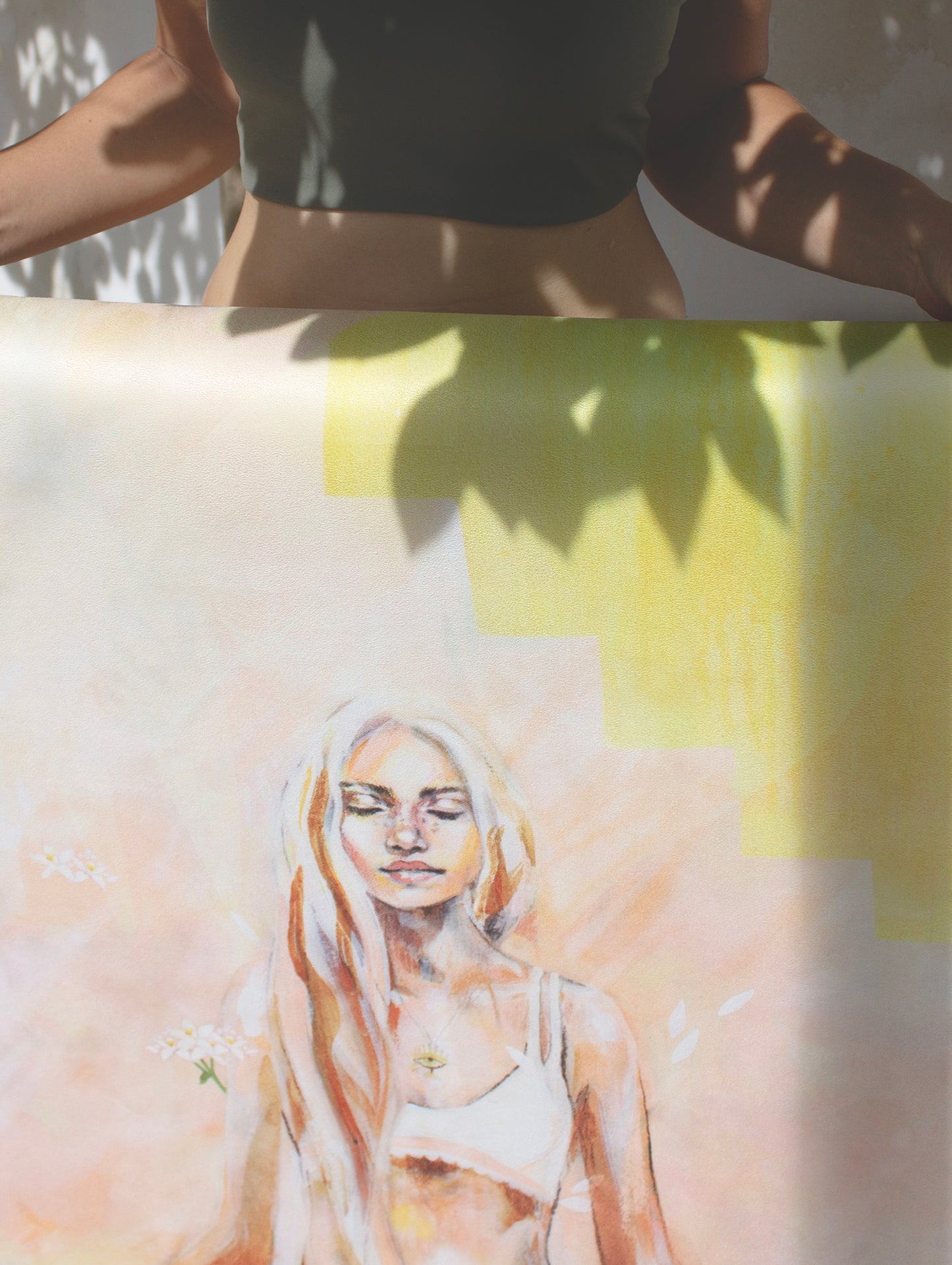 Apricot Glow eco yoga mat by Hannah Chloe positioned for yoga practice — natural rubber base and non-slip vegan suede surface in warm apricot colour