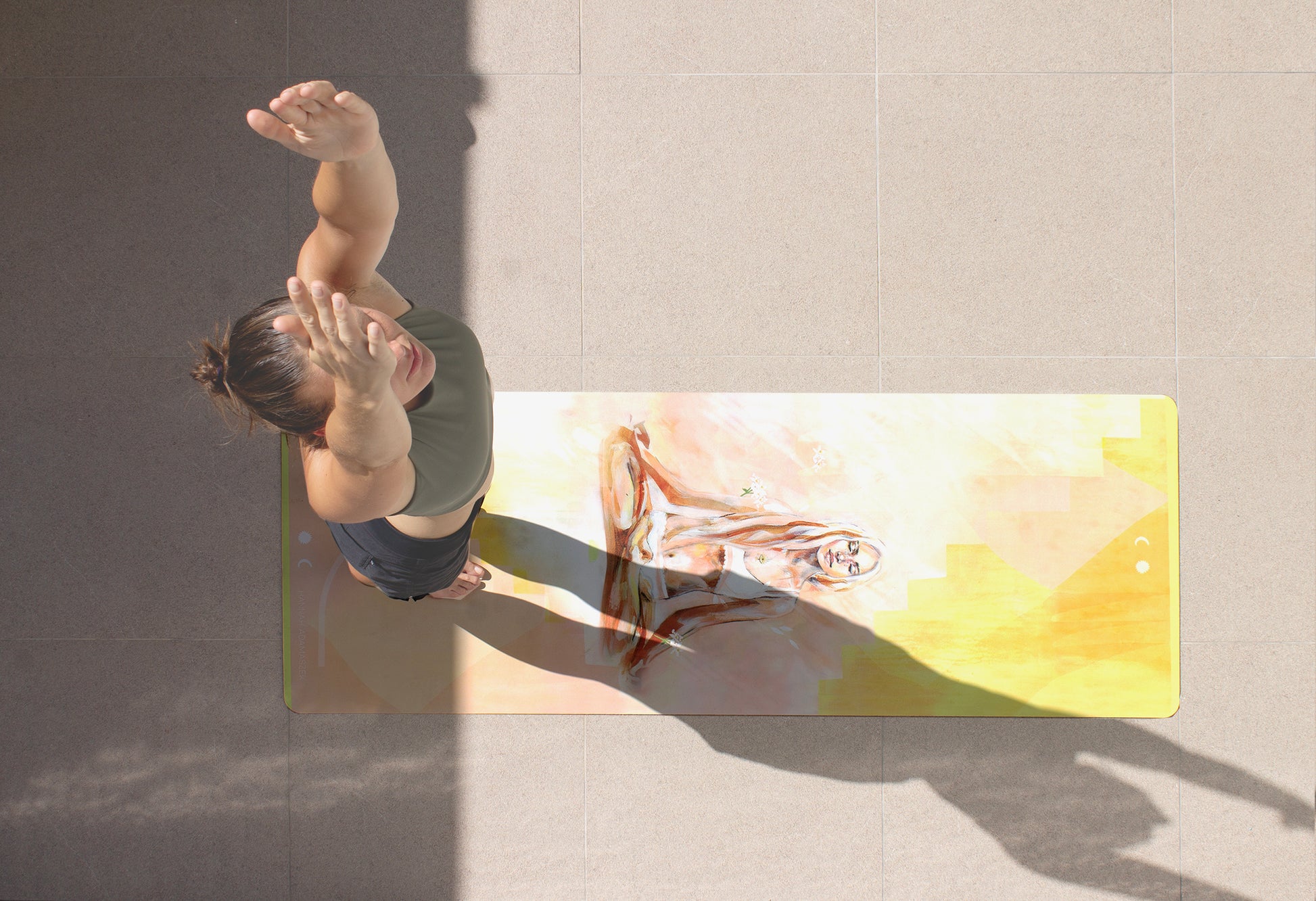 Apricot Glow eco yoga mat by Hannah Chloe arranged for yoga flow — natural rubber base and non-slip vegan suede surface in soft apricot shade.