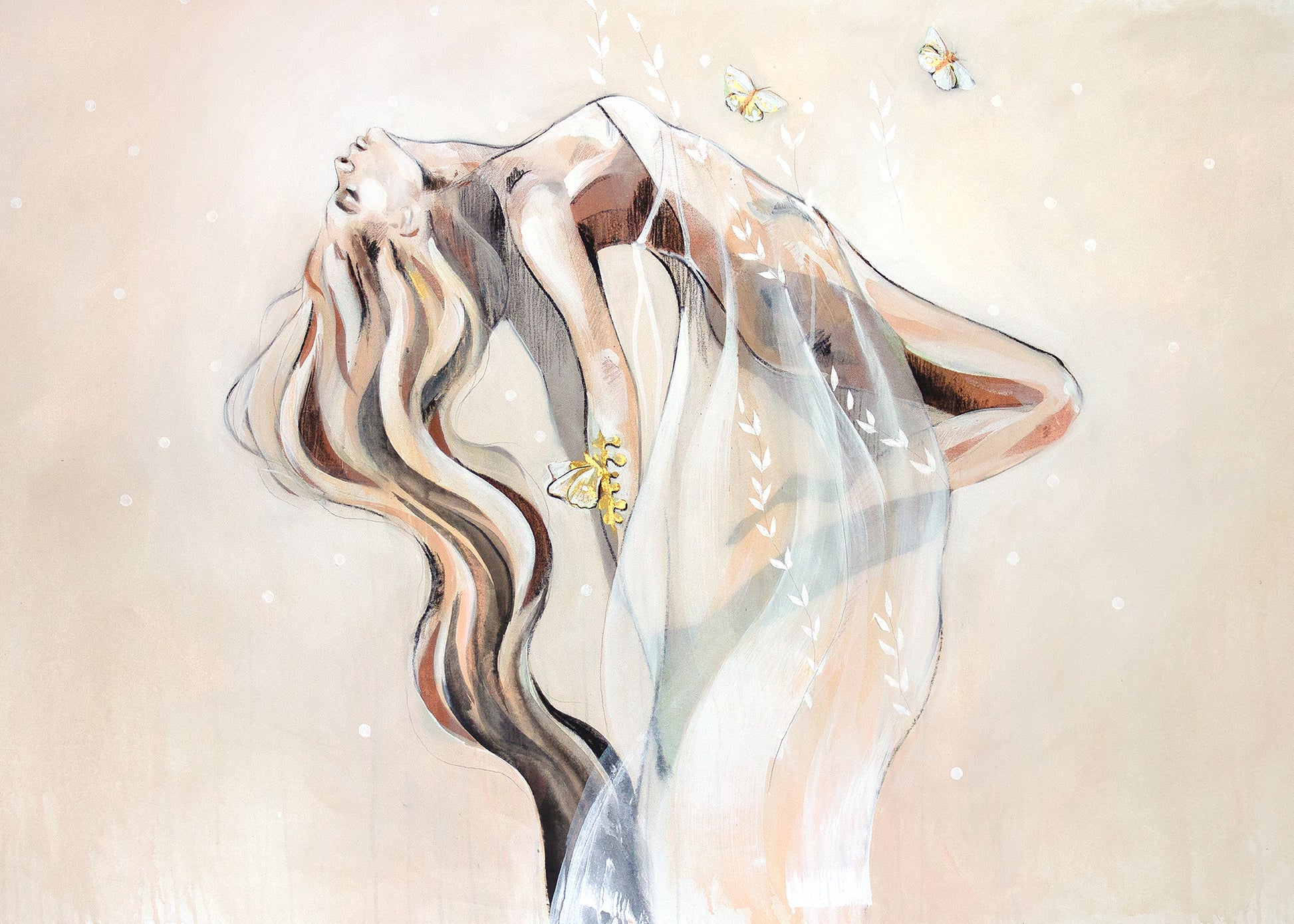 Ethereal painting of a floating female figure with flowing hair and butterflies in soft neutral tones, artwork by Hannah Chloe.