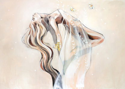 Ethereal painting of a floating female figure with flowing hair and butterflies in soft neutral tones, artwork by Hannah Chloe.