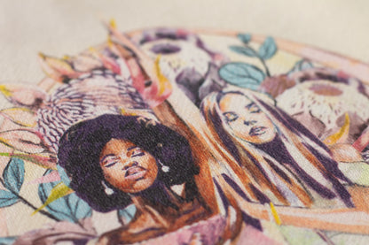 Close-up detail of the Grounded sweatshirt artwork by Studio Hannah Chloe, showing hand-painted floral and feminine forms printed on organic cotton fabric.